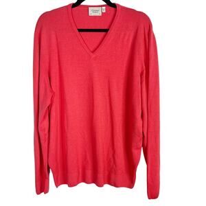 Glenbrae Mens Large Coral Pink Fine Merino Wool VNeck Sweater Jumper Made in UK